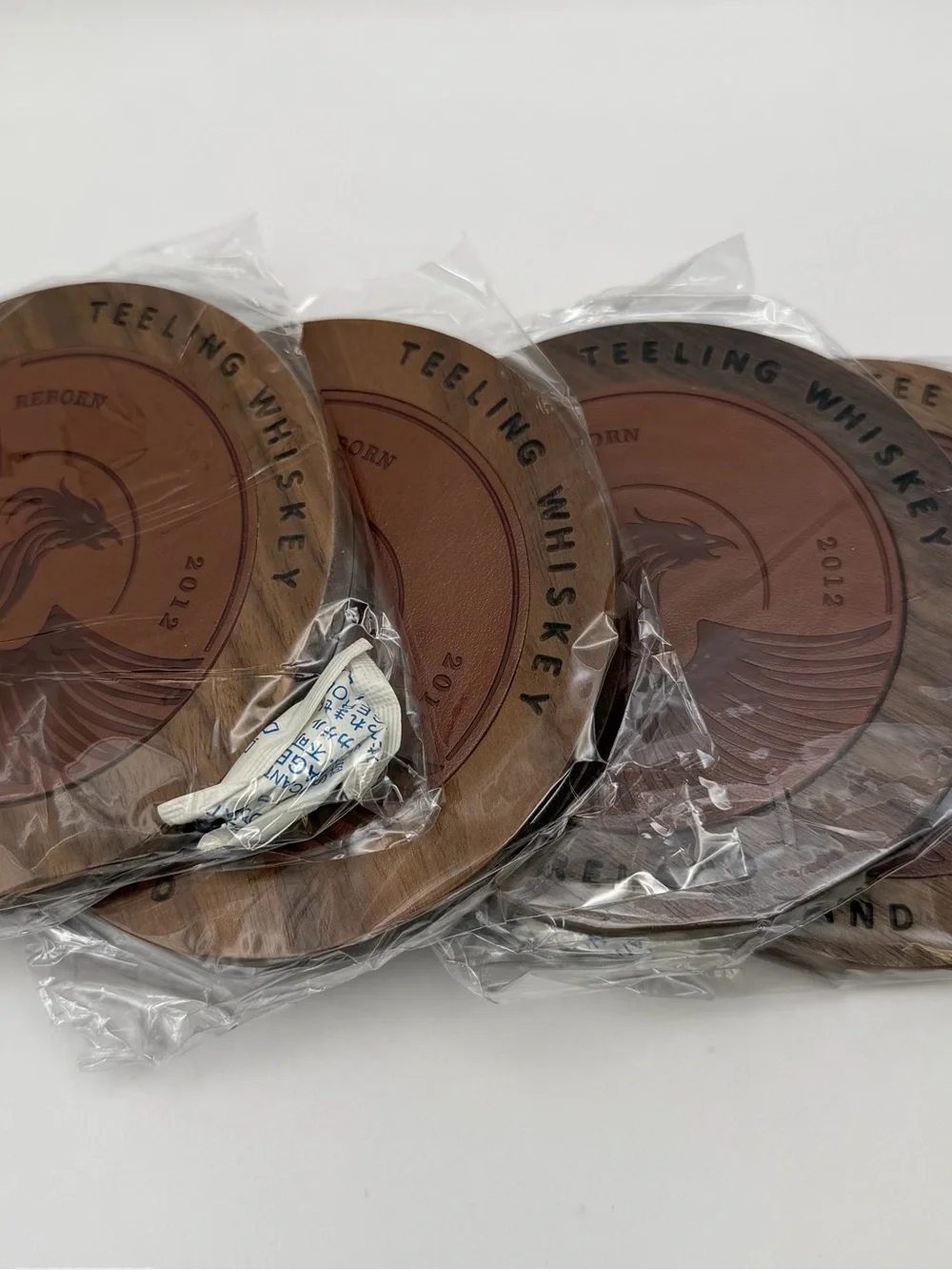 Set of 4 Teeling Whiskey Brown Leather & Wood Coaster - Product of Ireland